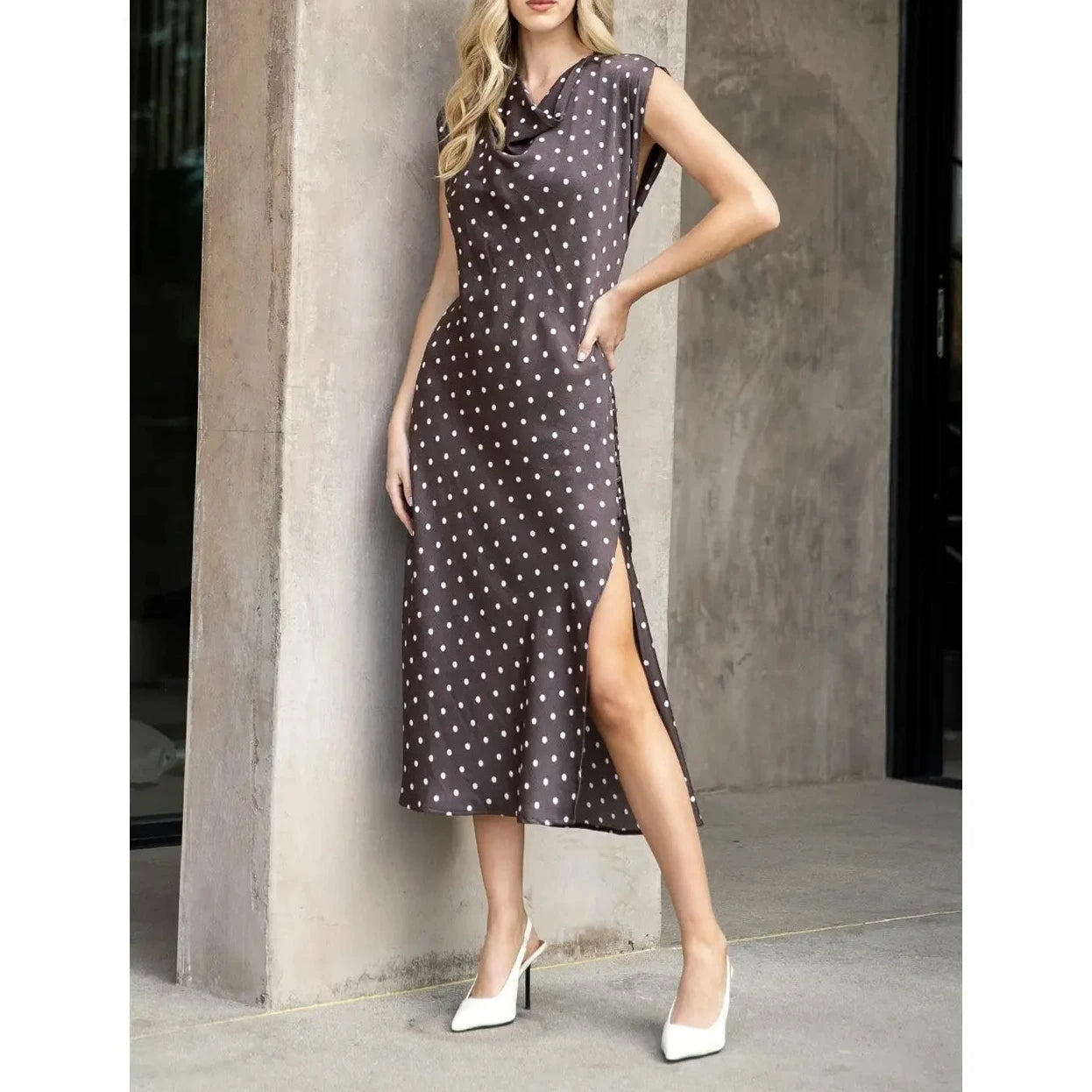 Vienne Cowl Neck Polka Dot Slit Dress