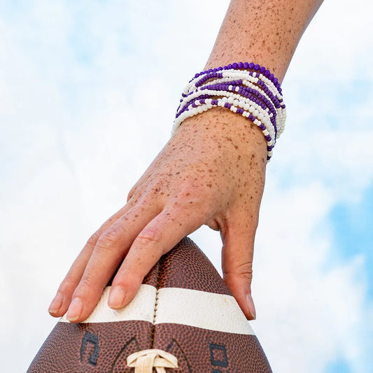 Game Day Color Block Beaded 10 Strand Stretch Bracelet Set Purple and White