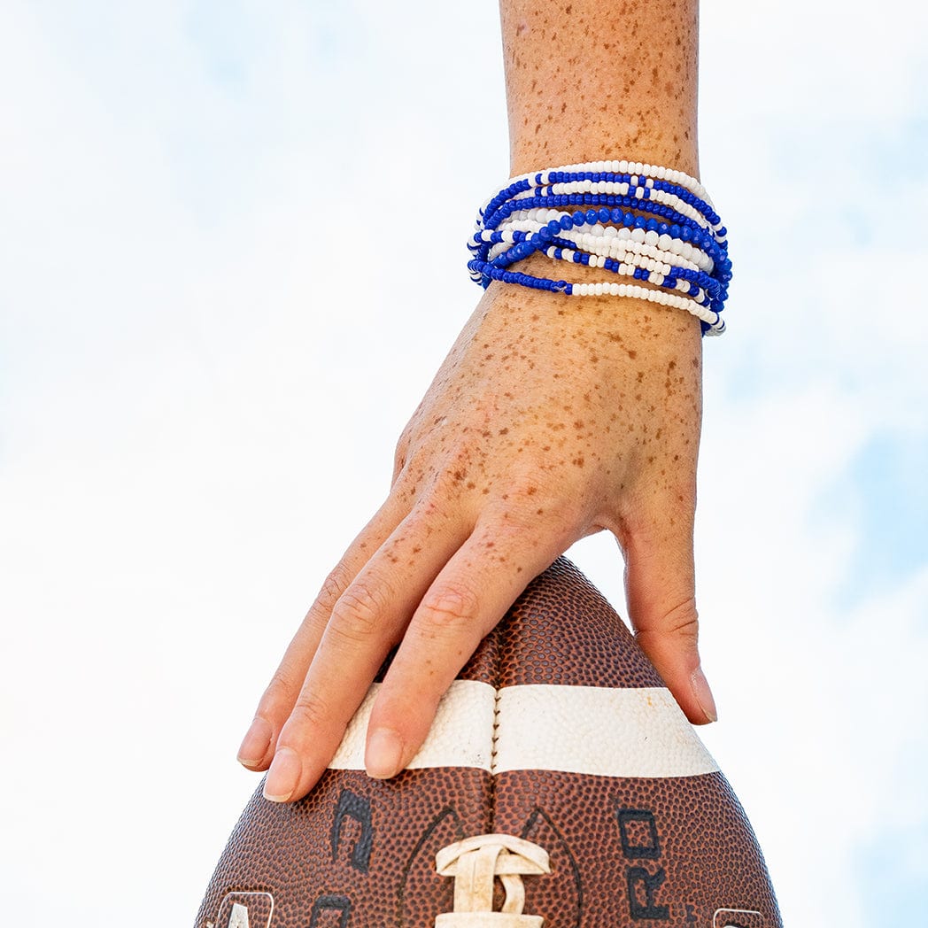 Game Day Color Block Beaded 10 Strand Stretch Bracelets Blue + White