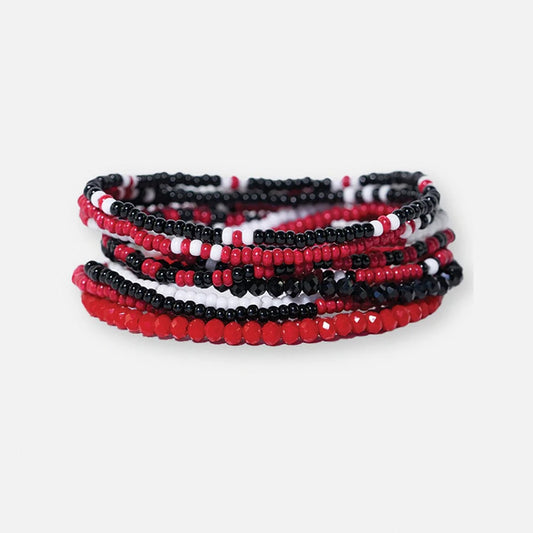 Game Day Color Block Beaded 10 Strand Stretch Bracelets Red + Black