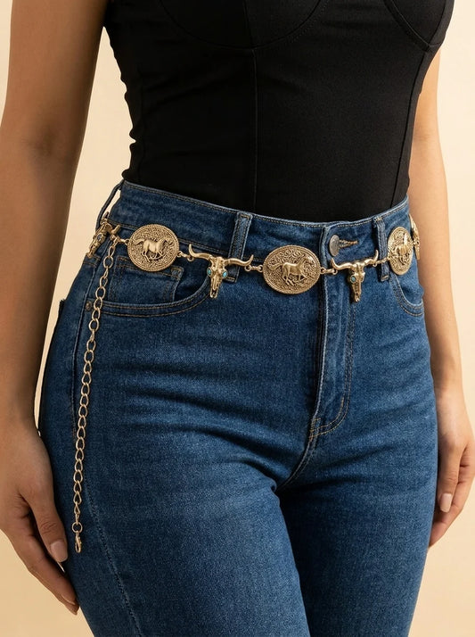 Gold Bull Head and Horse Coin Western Chain Belt
