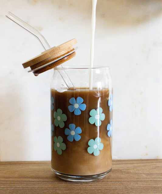 Daisy Flower Latte Glass Can With Bamboo Lid and Straw