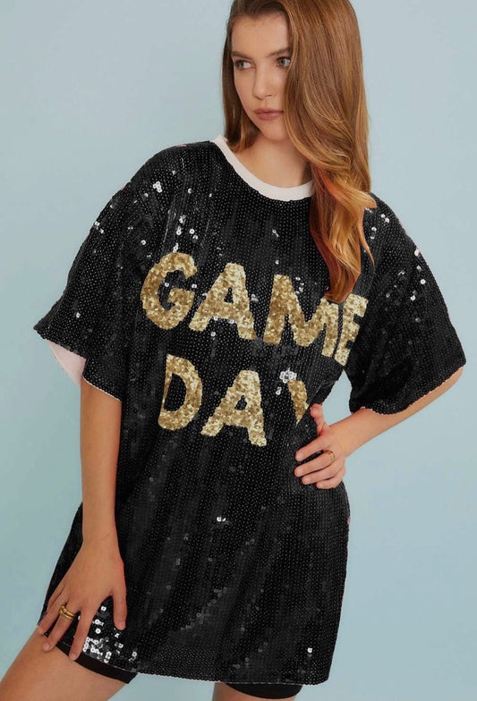 Round Neck Sequin Game Day Letter Tunic Top