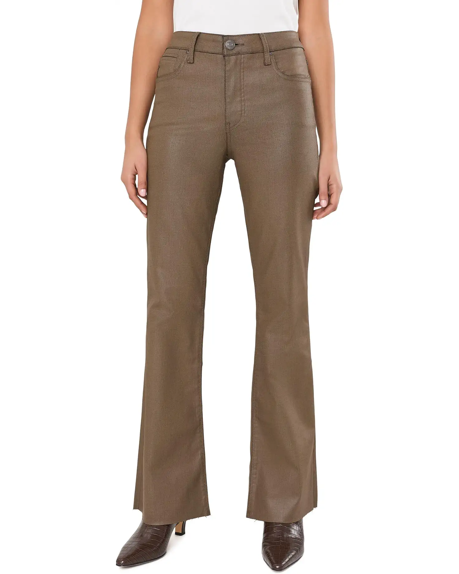 Stella Coated High Rise Flare Raw Hem Pants
