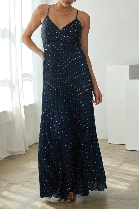 Tanner Polka Dot Pleated Maxi Dress with Back Cutout