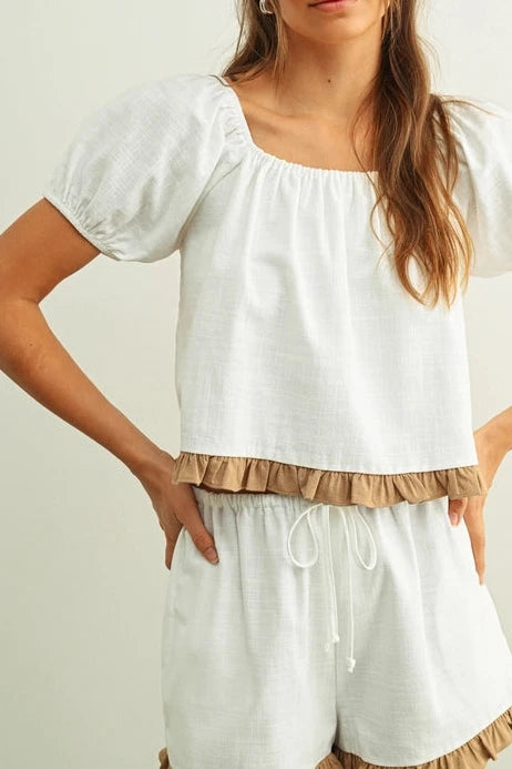 Grace Square Neck Ruffled Hem Short Sleeve Linen Top