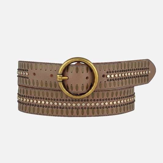 Soraya | Studded Leather Belt with Gold Round Buckle